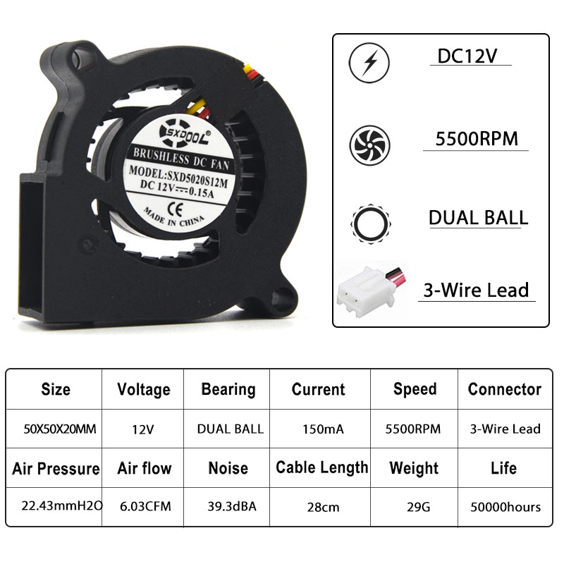 1pcs new blower Dual Ball 50mm 5020 50*50*20 12V 5500RPM Cooling Fan 2PIN 5CM For 3D Printer Cooling Turbine Blower Fan Coole