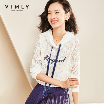 Vimly Spring Autumn Women Hoodie Sweatshirt Vintage Hooded Letter Print Lace Patchwork Casual Pullover Top Feminino 96555