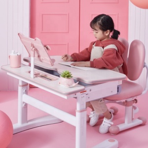 modern pink and blue desk with book shelf