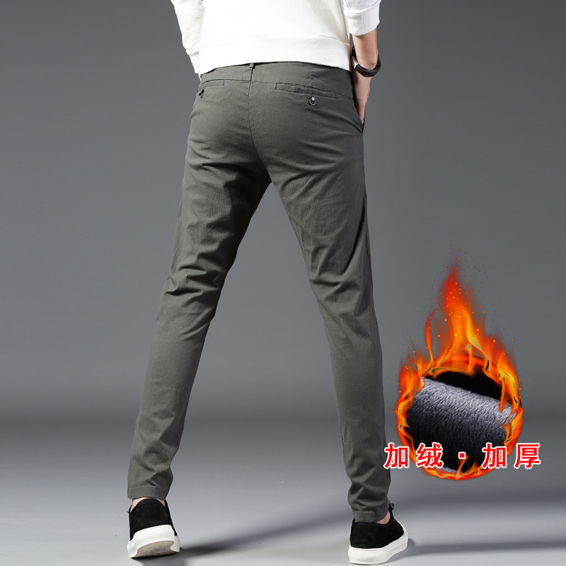 2019 New Mens Winter Thick Fleece Fluff Pants Men Korean Casual Slacks Slim Warm Pants for Men Black Green Grey Trousers Male