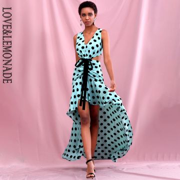 LOVE & LEMONADE Light Green Deep V-Neck Cut Out Big Dots Strap A Type Summer Maxi Dress LM82362