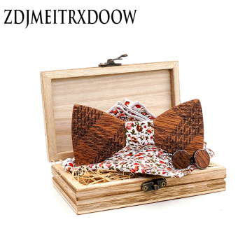 Wood Men's Bow Tie Wooden Bow Ties Handmade Plaids Bowtie For Men Wedding Cufflinks Party Accessories Neckwear Set