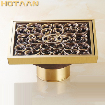 Free Shipping High Quality Antique Brass Carved Flower Art Bathroom Accessory Floor Drain Waste Grate100mm*100mm YT-2101