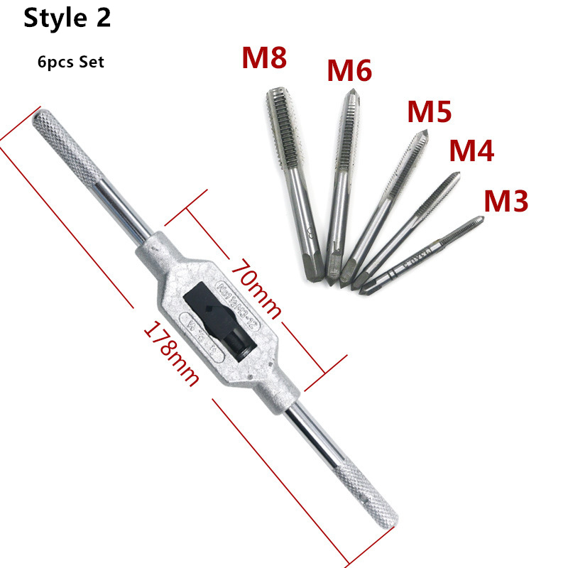 M3-M8/M12 6/8Pcs Hand Screw Thread Metric Plug Tap Set M3-M12 With Adjustable Wrench