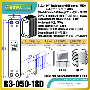 0.8sqm stainless steel PHE is working as 5.5KW condenser of R407c 3-in-1 heat pump air conditioners for producing hot water