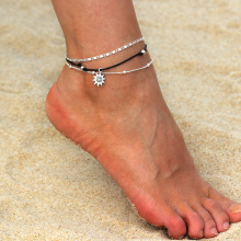 Multi Layer Wax Rope Sun Flower Anklet Barefoot Sandals Foot Chain Jewelry Vintage Anchor Ankle Bracelets for Women Men