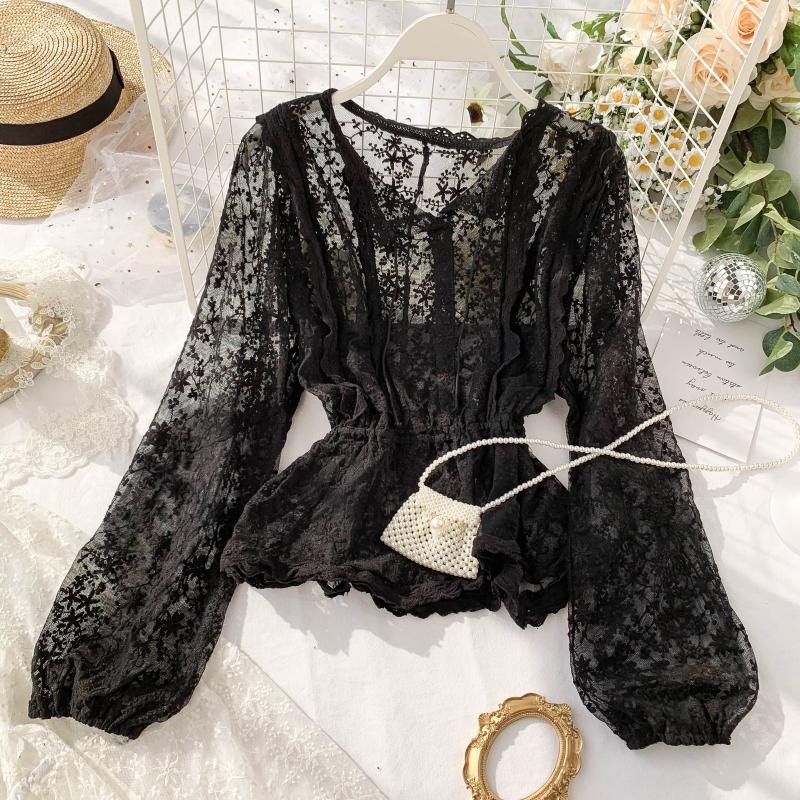autumn lace blouse shirt ladies French retro palace lantern sleeves lotus leaf lace shirts 2019