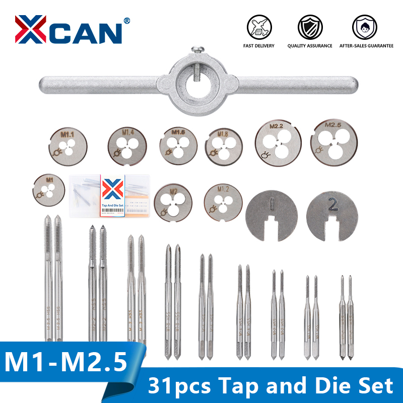 XCAN 31pcs M1-M2.5 Metric Tap and Die Set Mini NC Screw Thread Plugs Taps HSS Steel Hand Screw Tap Die Wrench Set
