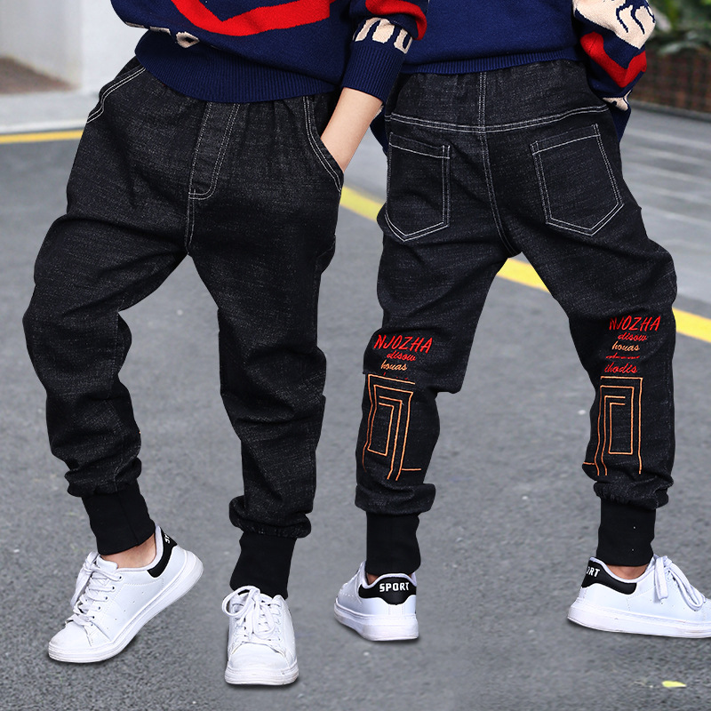 Autumn Big Boys Jeans Trousers Cotton Elastic Waist Black Trouser for Toddler Fashionable Baby Kids Spring Letter Print Clothes