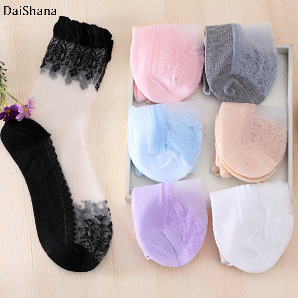DaiShana Summer Ladies Lace Embroidery Silk Transparent Glass Crytal Stretch Women Socks breathable socks hot selling 1 pair