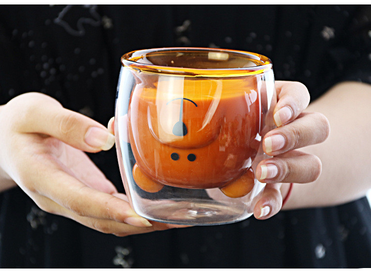 Cute Bear Lead-free Double Wall Handmade Glass Heat Resistant Milk Juice Drink Cup Insulated Clear Glass Tea Coffee Drinkware