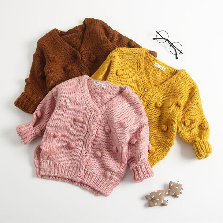 Autumn Winter Infant Kids Baby Girls Sweater Coats Warm Knitting Long Sleeve Hairball V Neck Sweaters Outfits Outwear