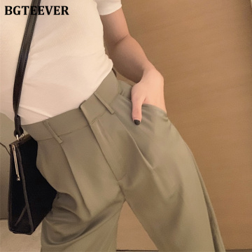 BGTEEVER Elegant High Waist Wide Leg Pants for Women Casual Pockets Full-length Suit Pants Female 2020 Summer Women Trousers