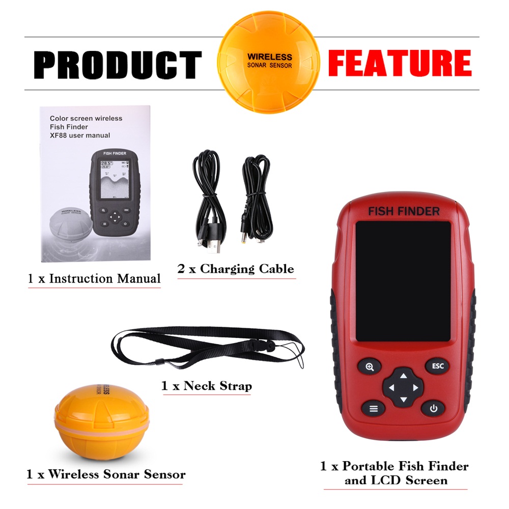 Goture Portable Russian/English Fish Finders with Wireless 40M/120FT Depth Sonar Sensor Echo Sounder Fishing Finder
