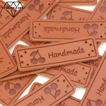 50Pcs Handmade Tags Cherry Labels For Clothes Hand Made PU Leather Sewing Materials Brown Handmade Tags DIY Crafts For Bag/Shoes