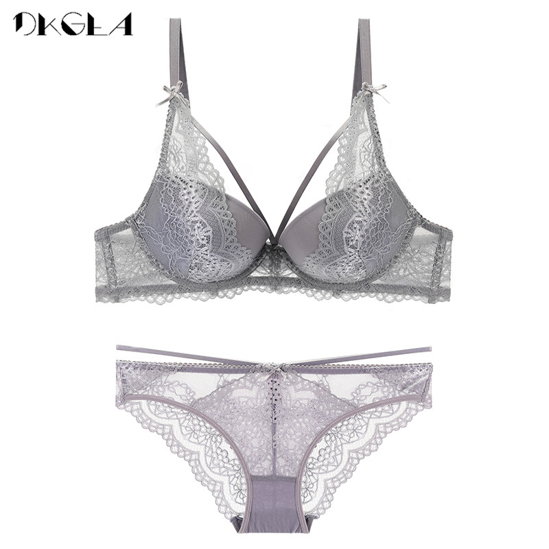 New Gray Bras Women Underwear Set Cotton Thick Brassiere Black Bandage Sexy Push Up Bra Panties Set Lace Lingerie Embroidery