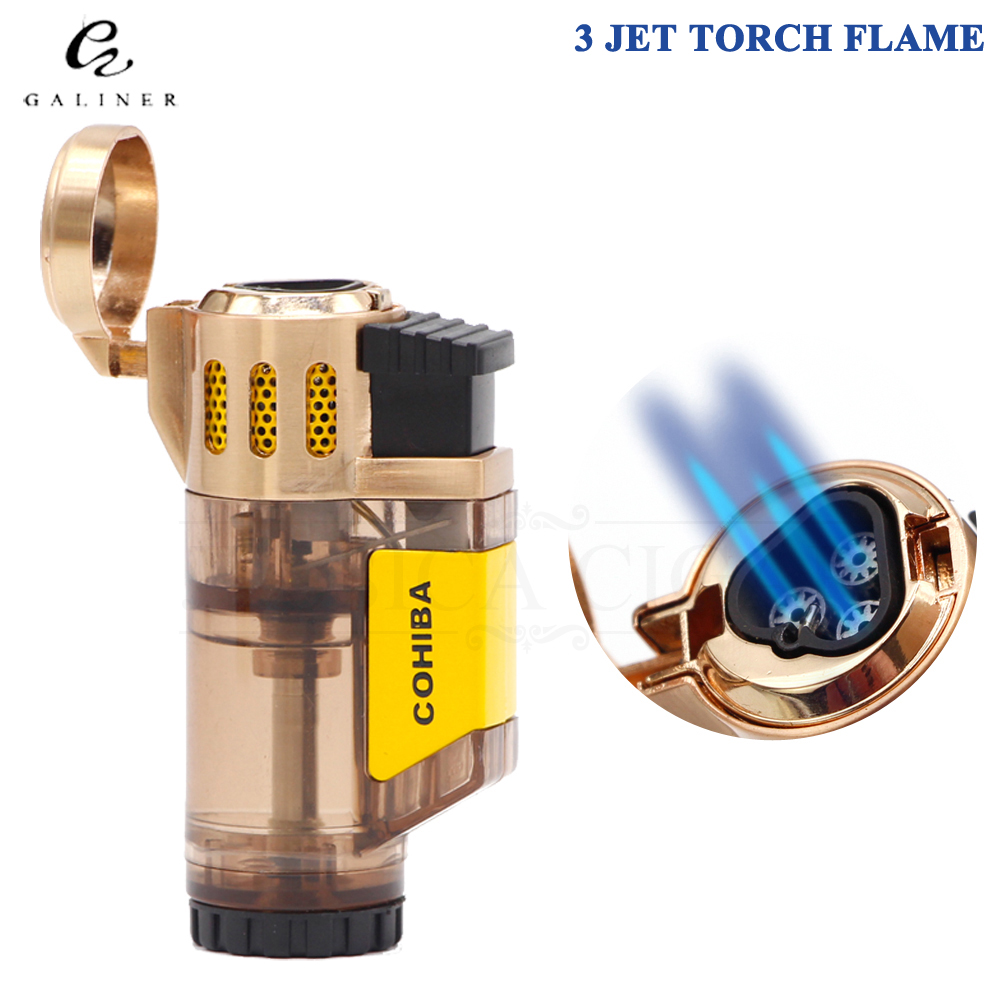 COHIBA Gadgets Men Transparent Butane Gas Lighter Winproof 3 Jet Flame Torch Lighter Cigarette Smoking Lighters For Cigar