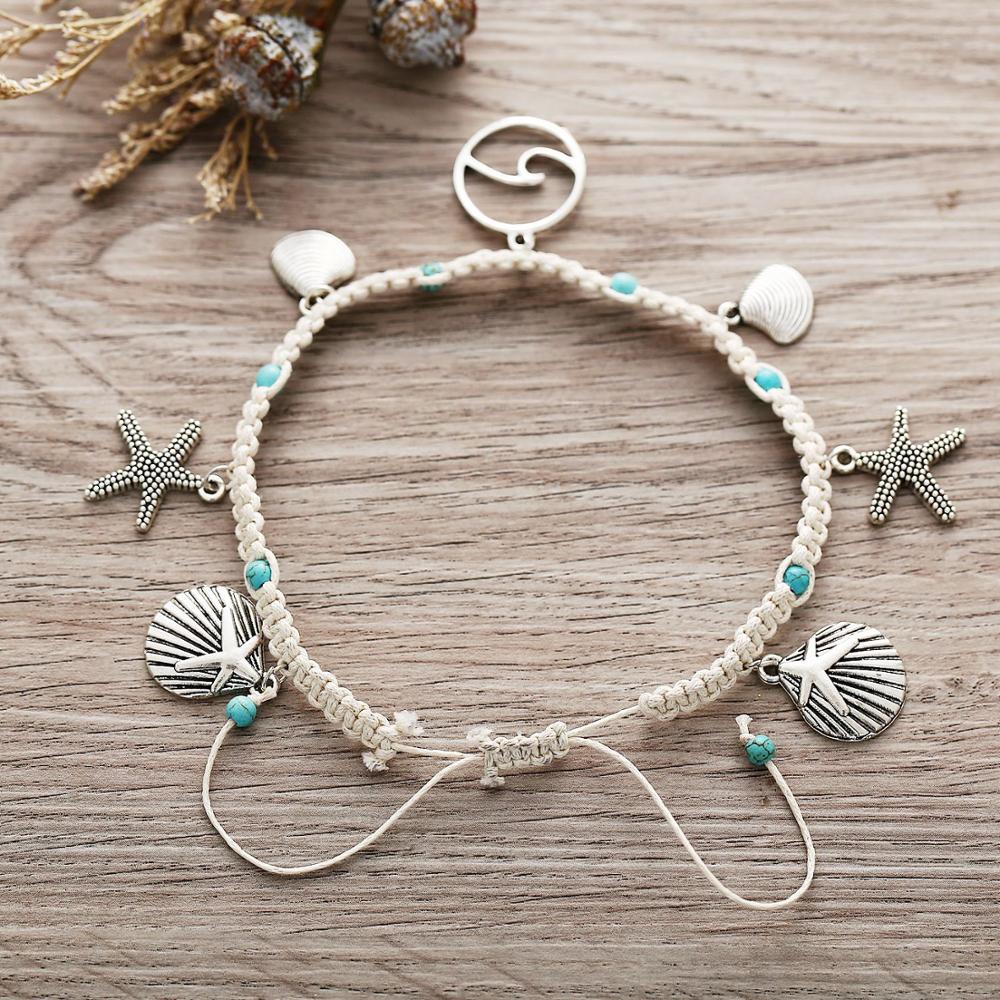XIYANIKE Natural Stone Shell Starfish Bracelets Braided Adjustable Rope Chain Bracelet Anklet Wristband Handmade Beach Jewelry