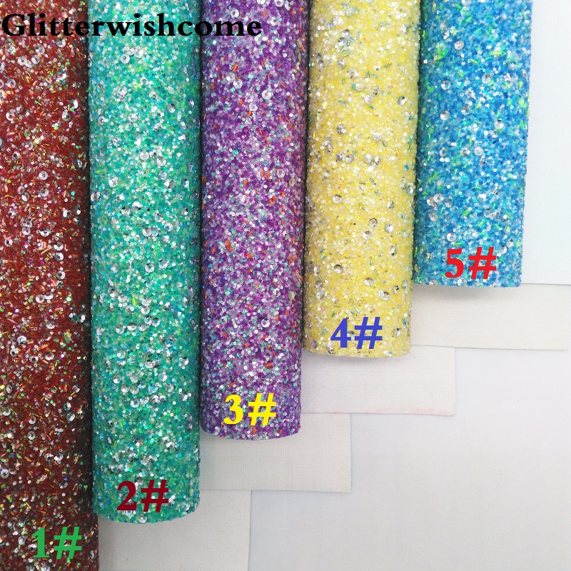 Glitterwishcome 30X134CM Mini Roll, Glitter Fabric, Vinyl For Bows Chunky Glitter Leather fabric Vinyl for Bows, GM199