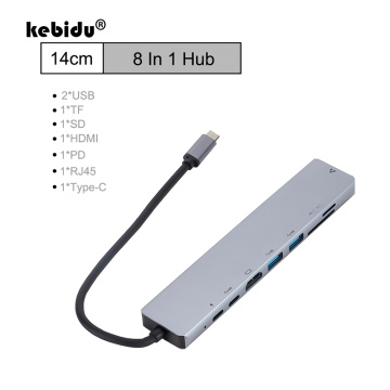 kebidu TYPE-C HUB RJ45 LAN Docking Station 8 In 1 USB Hubs 3.0 USB C HDMI Adapter Convertort TF SD Card Reader