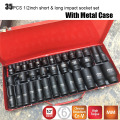 35PCS 1/2" Inch Drive Deep Impact Sockets 6 Point Air Pneumatic Socket Wrench Head CRV Short &Long Car Repair Tools with Case