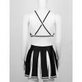 2Pcs Women Cheerleading Uniforms Outfit Elastic Striped Straps Crop Top with High Waist Pleated Skirt Adults Cheerleader Costume