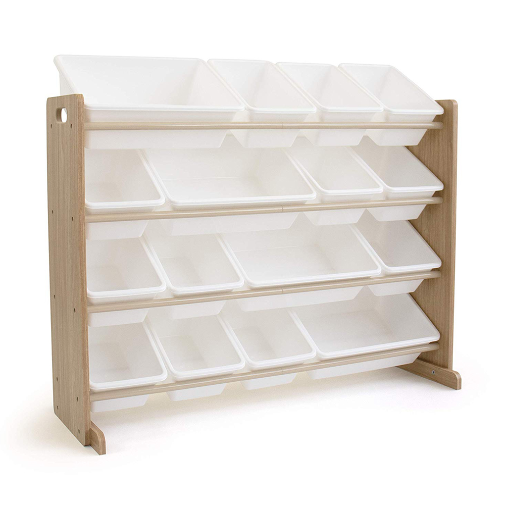 [US Warehouse]Wooden Kids' Toy Storage Organizer with 16 Plastic Bins,X-Large, Natural / White Toy Storage Organizer