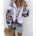 Women Casual Flower Cotton Linen Button Long Lantern Sleeve Shirt Blouse Tunic Tops Holiday Beach Wear National Feature Blouses