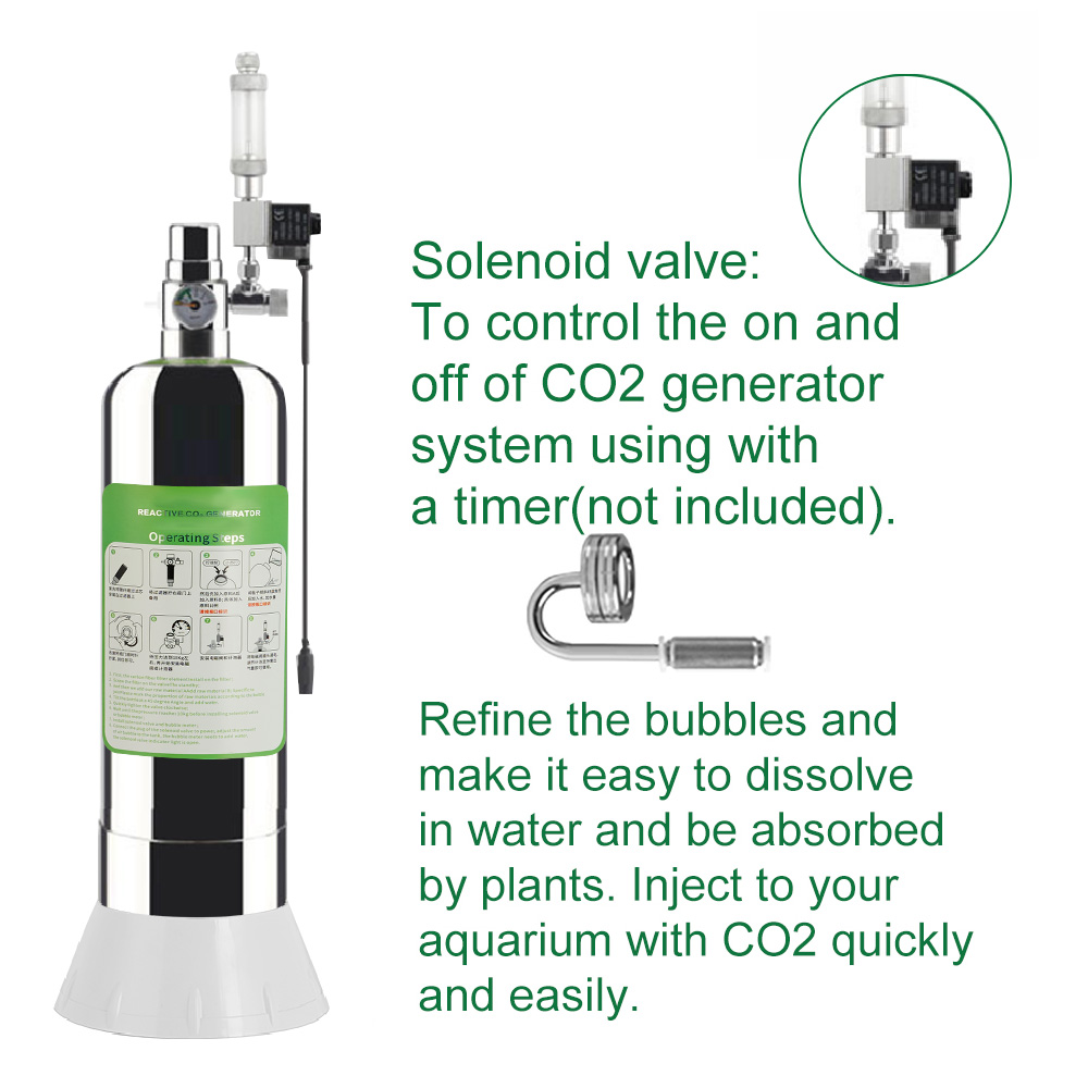 2L Aquarium CO2 Generator System Kit Stainless Steel Cylinder Generator System with Solenoid Bubble Diffuser CO2 Dioxide Reactor