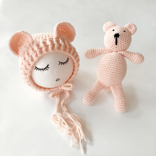 New Cute Newborn Baby Knit Crochet Bear Hat+Bear Toy Photography Props Costume Girls Boys Warm Cap Toys