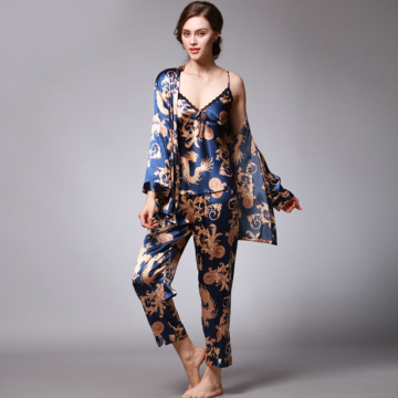 QWEEK Sexy Sleep Lounge 3 Pieces V-Neck Women Pajamas Set Elegant Print Long Sleeve Pyjamas Women Sleepwear Women Nightwear