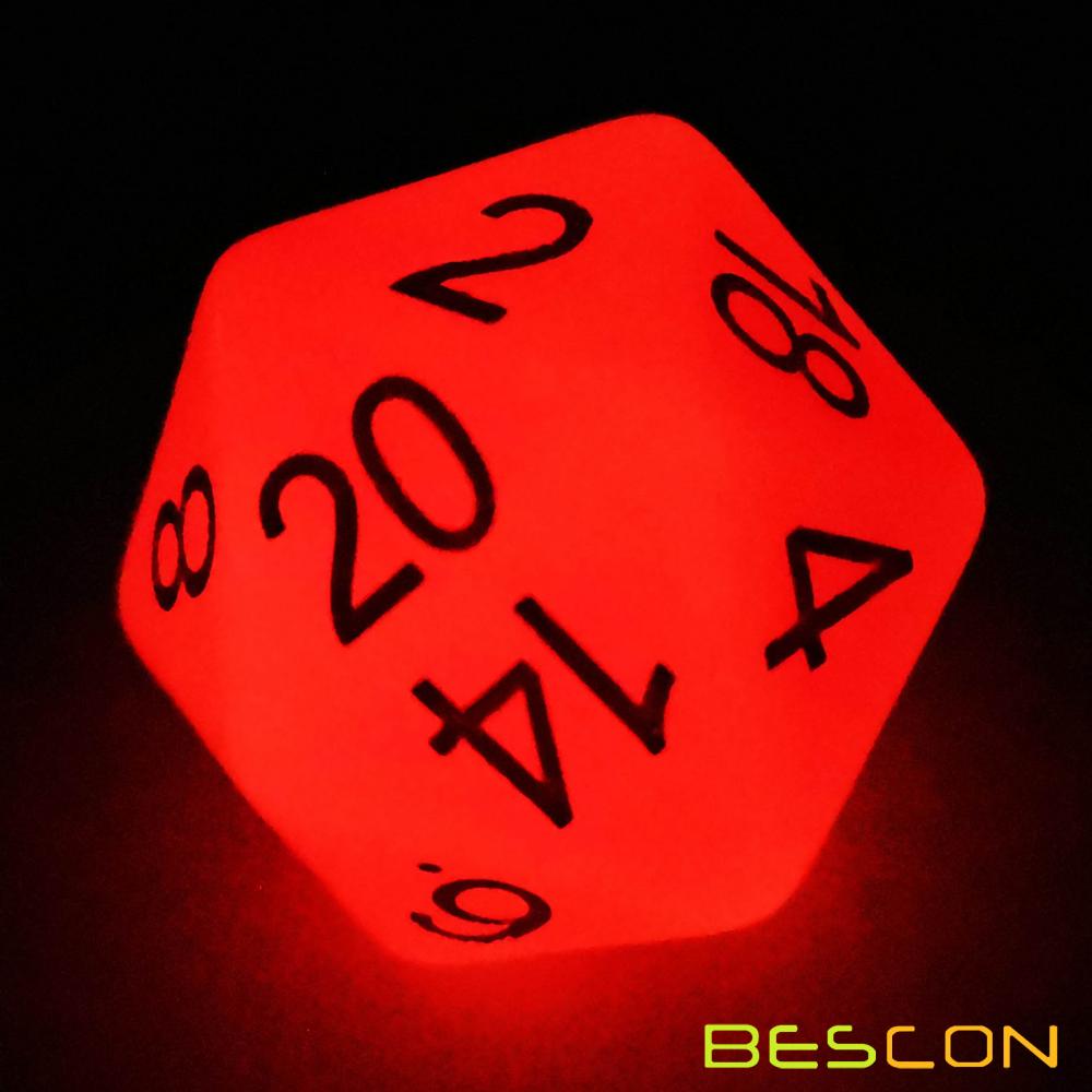 Bescon Jumbo Glowing D20 38MM, Big Size 20 Sides Dice Red Glow In Dark, Big 20 Faces Cube 1.5 inch