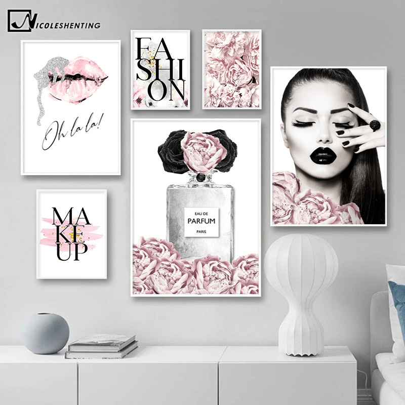 Pink Flower Perfume Fashion Lady Poster Sliver Lips Makeup Print Canvas Art Painting Wall Picture Modern Girl Room Home Decor