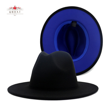 QBHAT Black with Blue Bottom Patchwork Panama Wool Felt Jazz Fedora Hats Women Men Wide Brim Party Cowboy Trilby Gambler Hat