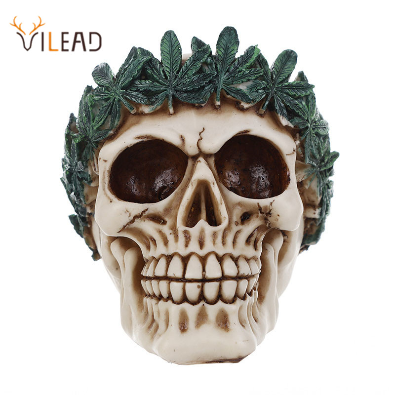 VILEAD 12.5cm Resin Craft Statues Flower-Crown Skull Head Home Office Accessories Music Bar Decoration Creative Skull Ornament