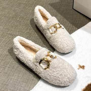 Chain lambswool flats moccasins femme slip on plush winter ladies shoes curly furry loafers women creepers zapatos plus size 43