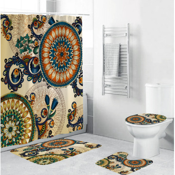 Hot Waterproof Bohemian Printed Pattern Shower Curtain Pedestal Rug Lid Toilet Cover Mat Bath Mat Set Bathroom Curtains