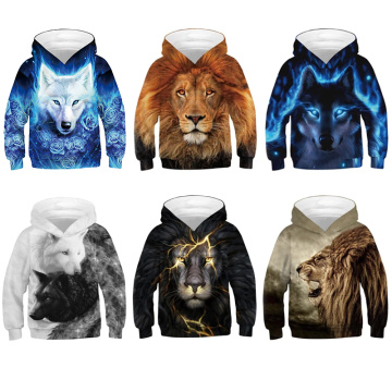 3D Wolf Boys Jacket Digital Printing Lion Casual Kids Jacket Big Size Hooded Loose Boys Sweater Unicorn 5-14 Years Old Boy Coat