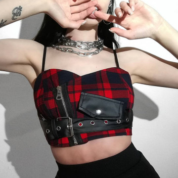 Chic Punk Style Gothic PU Buckle V Neck Zip Sashes Belt Cami Top Sexy Short Vest Summer Crop Top Rock Red Black Plaid Tank