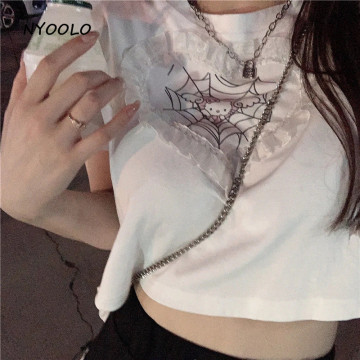 NYOOLO Harajuku Cartoon cute print love lace short sleeve white t-shirt women summer Streetwear O-neck tee shirt girls tops