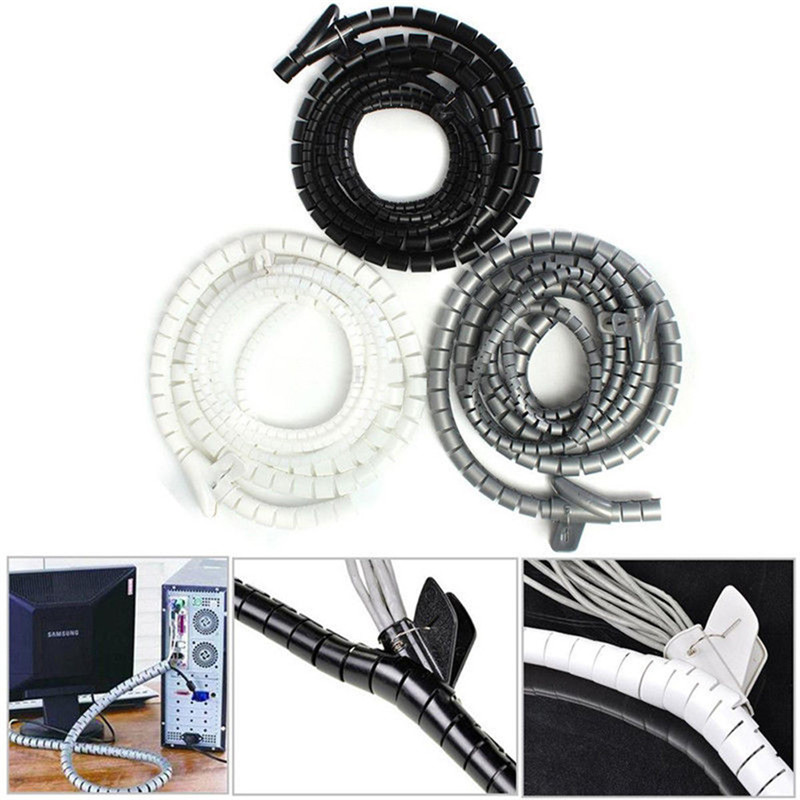 For PC TV 1m 10/25mm Cable Banding Organizer Spiral Wrap Tidy Cord Wire Organizer Line Cable Clip Ties Fixer Fastener Holder