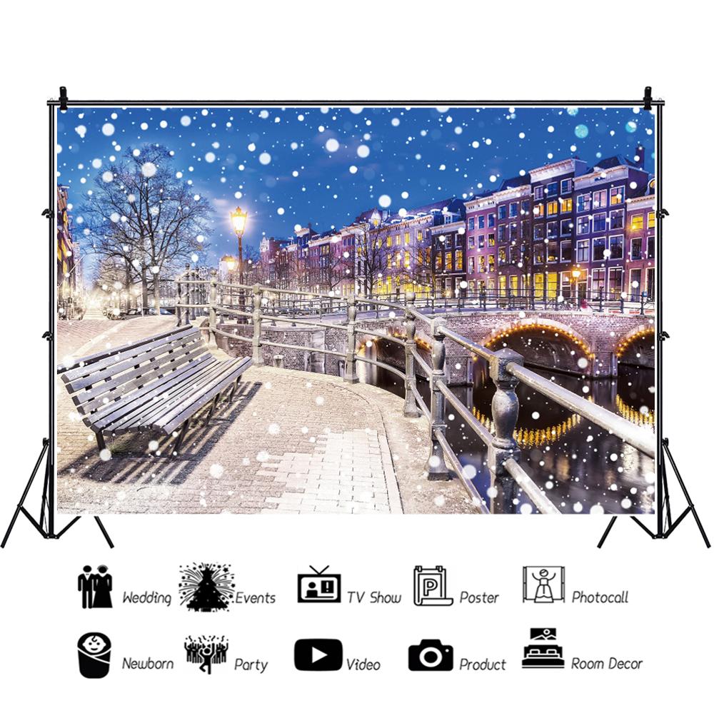 Laeacco Winter City Bridge Street lamp Bench Night Scenic Polka Dots Tree Baby Photodrop Photography Background For Photo Studio