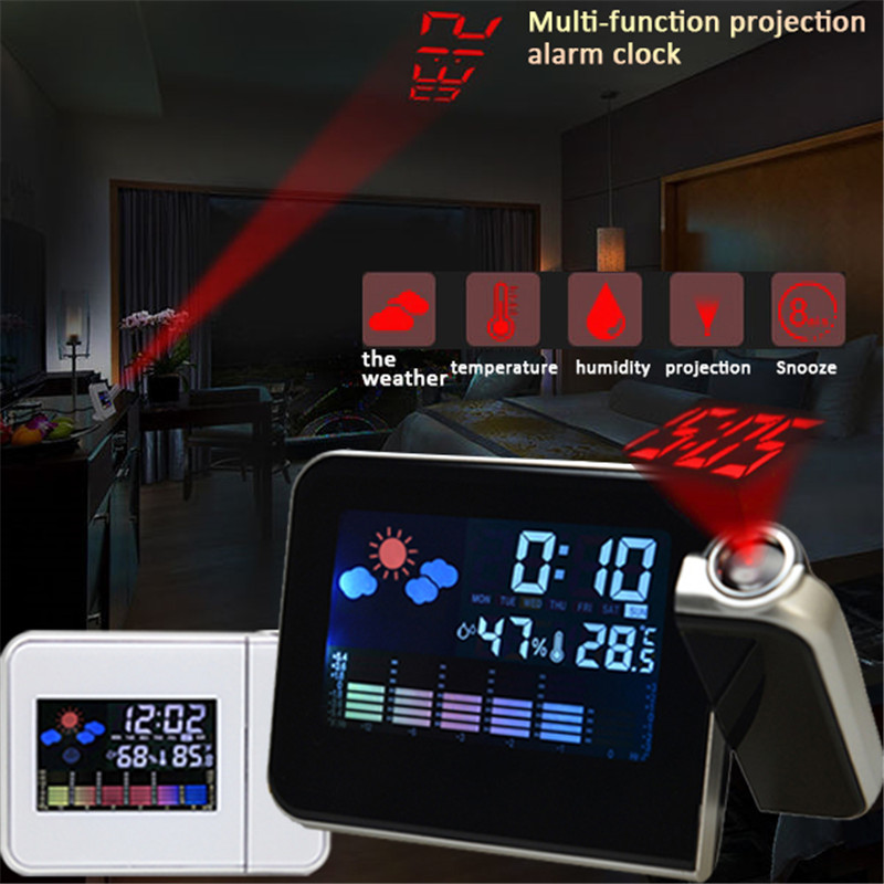 LED Digital Projection Alarm Clock Temperature Thermometer Desk Time Date Display Projector Calendar USB Charger Table Led Clock