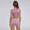 Seamless 2 Piece Yoga Set Short Sleeve Workout Clothes For Women Fitness Clothing Gym Shorts+Cropped Sport Shirt Sportswear