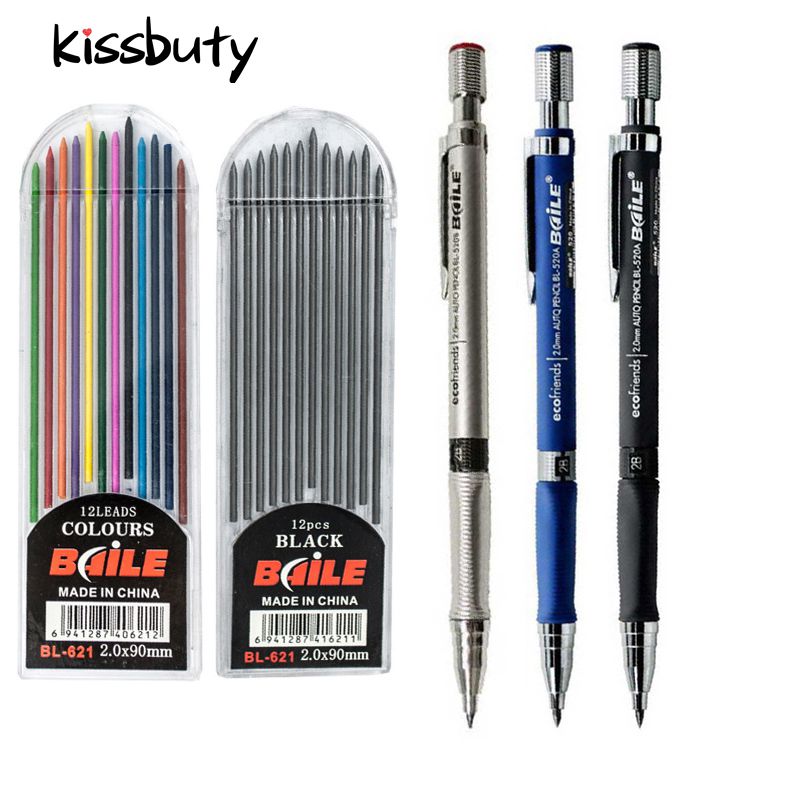 Mechanical Pencil 2.0mm Writing Point Automatic Pencil Drawing Design Painting Black/Colorful Refills School Office Stationery