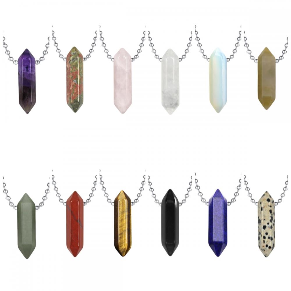 Natural Crystal Double Hexagonal Pointed Gemstone Pendant Necklace with 45cm Chain Gemstone Hexagon Point Pendant choker