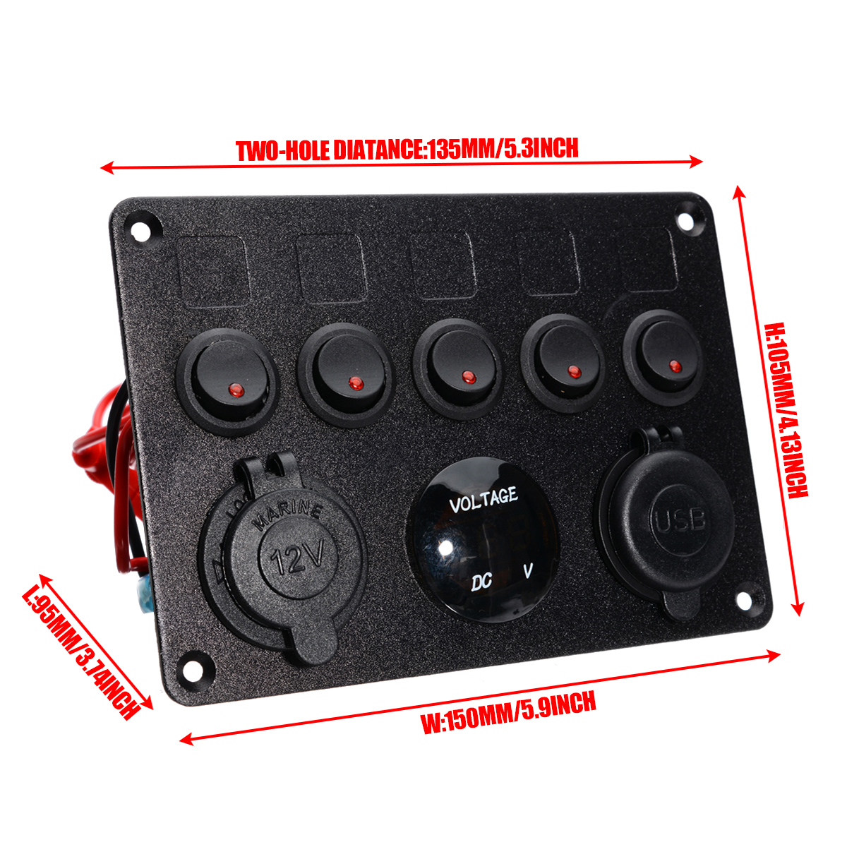 5 Gang Boat Switch Panel 12V Dual USB Socket 4.2A Circuit Breaker Toggle Switch Control LED Voltmeter For Car Boat Marine