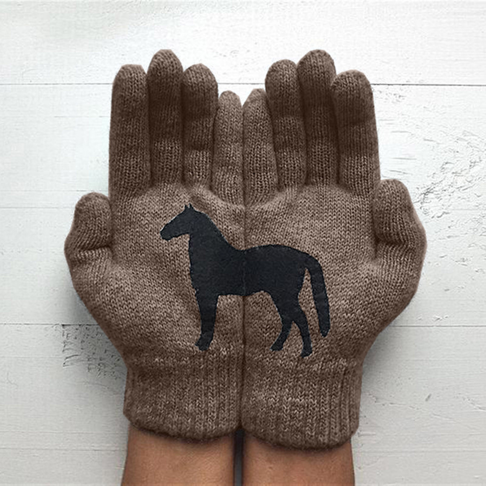 Winter Warm Cold Cashmere Gloves Thicken Cartoon Horse Pattern Print Wool Knitted Full Finger Gloves Adult Men And Women Gloves