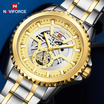 NAVIFORCE Luxury Brand Men's Fashion Sports Watches Business Gold Quartz WristWatch Waterproof Hollow Dial Stainless Steel Clock