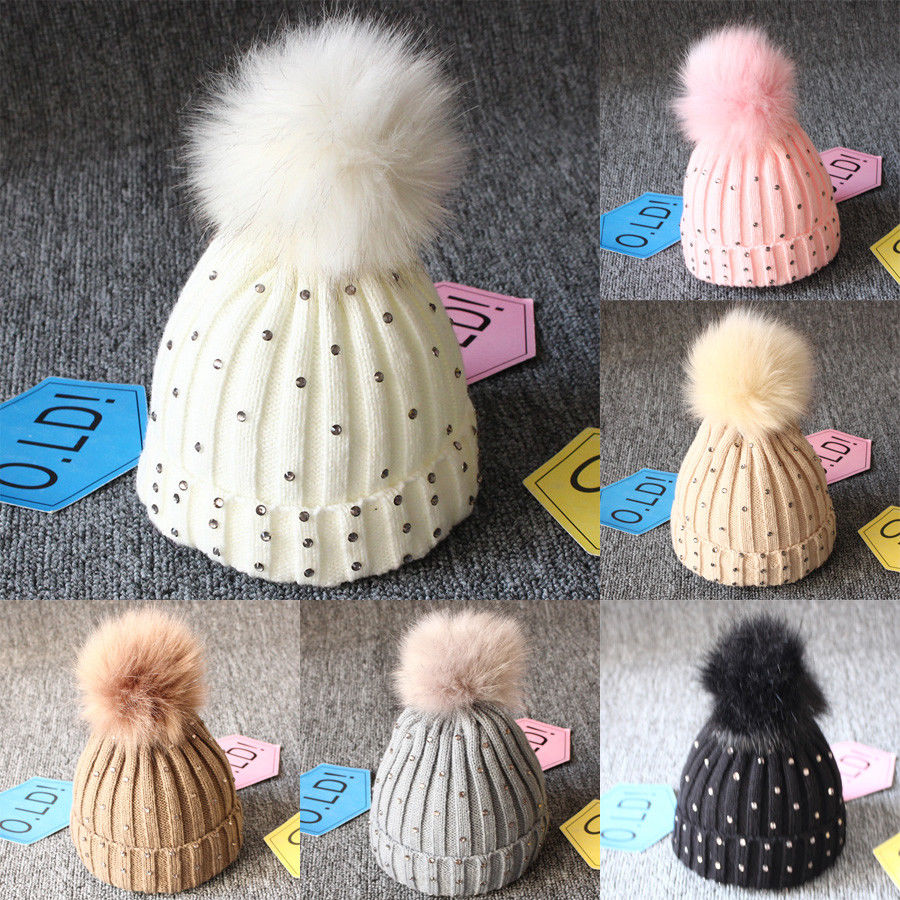 Girls lovely kintted Pompon Beanies Boy Winter Caps Baby Warm Fur sequins Knit Beanie Newborn Hat Fleece Crochet Caps